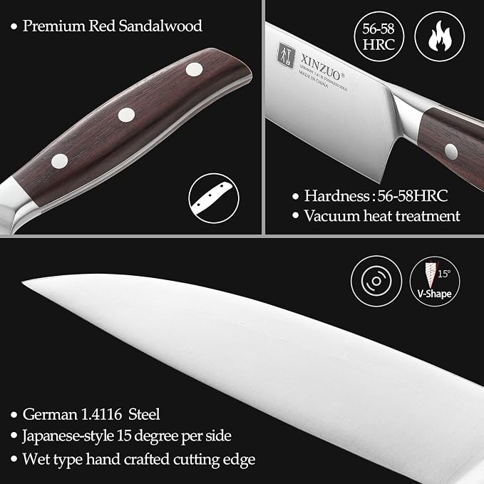 XINZUO German Stainless Steel Knife Set, 5Pcs Professional Chef Knife Sets for Chefs, Ultra Sharp,Chef Santoku Slicing Petty Paring Knife with Red Sandalwood Handle