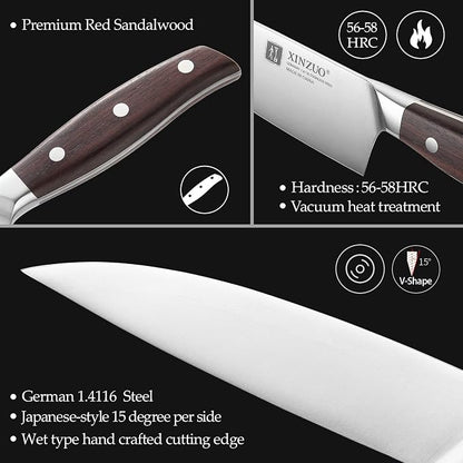 XINZUO German Stainless Steel Knife Set, 5Pcs Professional Chef Knife Sets for Chefs, Ultra Sharp,Chef Santoku Slicing Petty Paring Knife with Red Sandalwood Handle