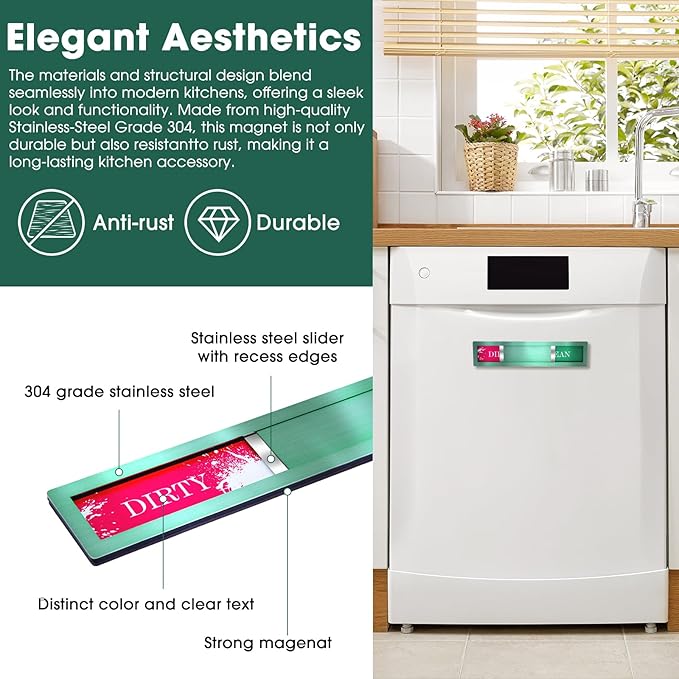 Dishwasher Magnet – Red & Green Clean Dirty Sign, 304 Stainless Steel with Adhesive Tape, Easy Slide for Kitchen Decor & Home Organization Gift (S106)