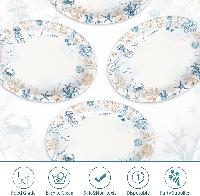 50Pcs Coastal Oval Paper Plates 10" x 12" Large Heavy Duty Ocean Sea Coral Starfish Seashell Party Plate for Summer Beach Hawaiian Under the Sea Wedding Birthday Holiday Dinner Party Decorations