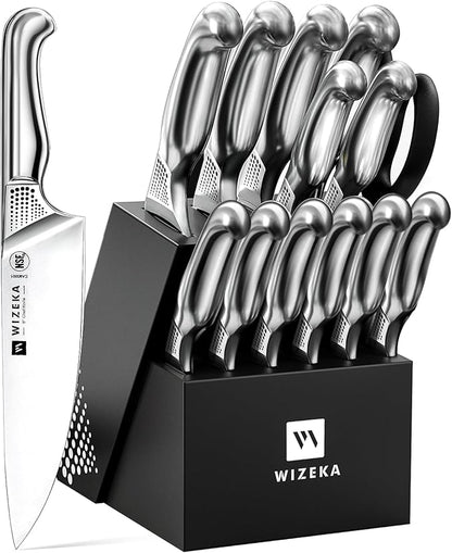 WIZEKA Kitchen Knife Set with Block: 15PCS German Stainless Steel Knife Block Set,One-Piece Design Knives Set for Kitchen, Professional Knife Set with Built-in Sharpener,Starry Sky Series Fathers day