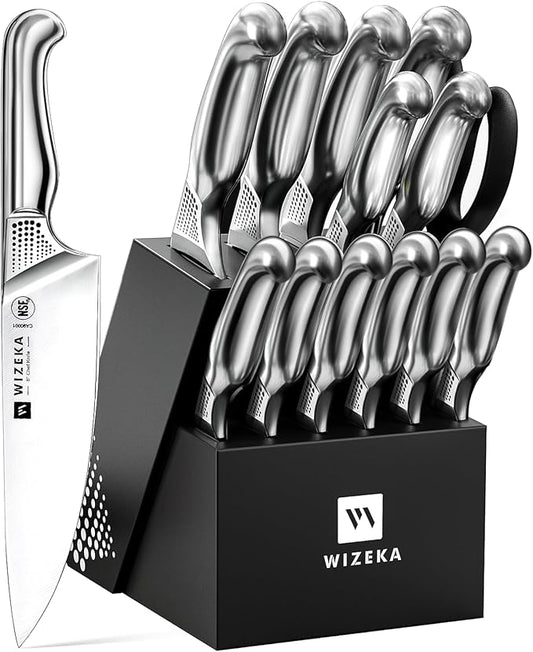 WIZEKA Kitchen Knife Set with Block: 15PCS German Stainless Steel Knife Block Set,One-Piece Design Knives Set for Kitchen, Professional Knife Set with Built-in Sharpener,Starry Sky Series Fathers day