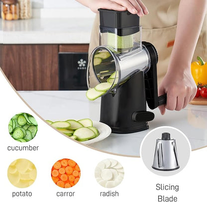 Weltonhm Rotary Cheese Grater with 4 Blades, Large Hand Crank Cheese Grater with Waffle Slicer, Black and White Cheese Slicer with Suction Base, Easier for Shredding& Grating (black, 4 Graters)