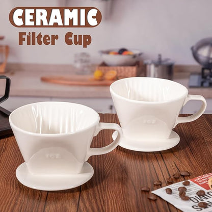 Pour Over Coffee Dripper, Ceramic Pour Over Coffee Maker with 3 Holes Flat Bottom, Easy Manual Brew Maker, Porcelain Slow Filter Cone for Travel, Camping, Office, Home, White
