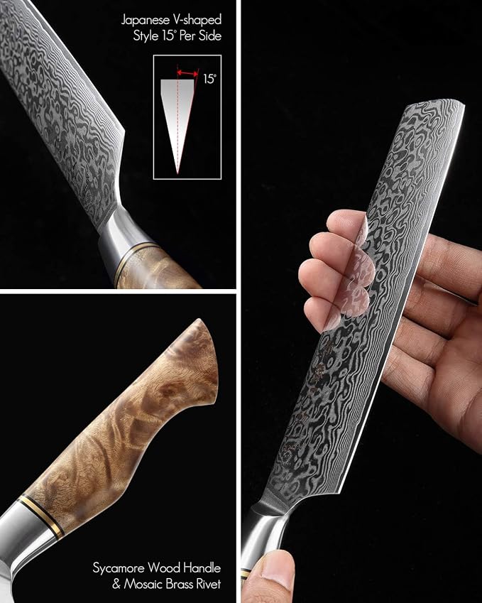 HEZHEN 7 inch Nakiri Knife Japanese High Carbon Steel-Super Durable Cooking Knife-67 Layers of Damascus Steel Sharp Blade -Ergonomic Design for Figured Sycamore Wood Handle
