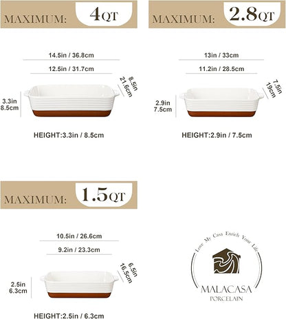 MALACASA Casserole Dishes for Oven, Ceramic Baking Dishes Set of 3, Baking Pan Casserole Dish Set, Rectangular Lasagna Pan Deep with Handles for Baking, Khaki White (14.5''/13''/10.5''), Series TARA