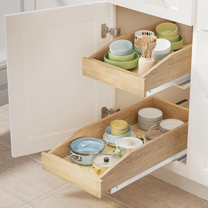 LOVMOR Single Pull Out Organizer 10-1/2”W x 21”D, Soft Close Slide Out Drawer Storage Shelves for Kitchen, Wood Cabinet Shelf Pull-Out Organizer Storage for Base Cabinet