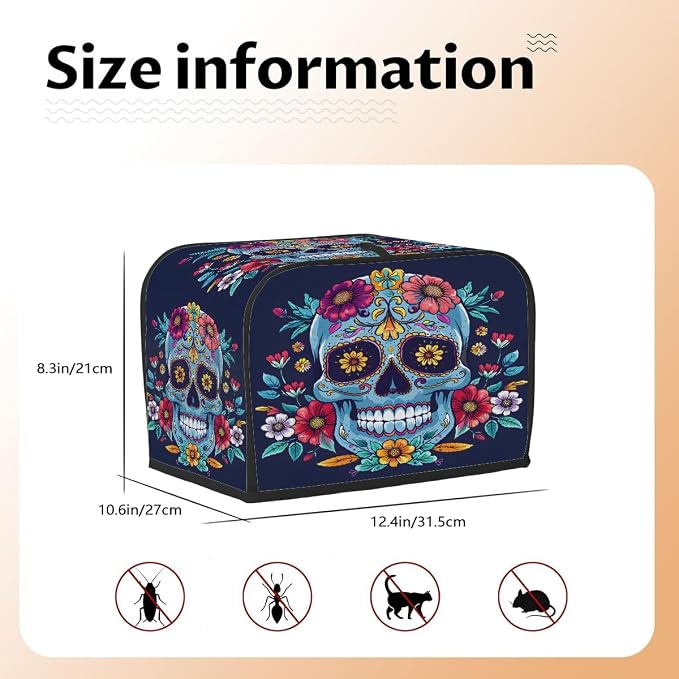 Flower Blue Skull Toaster Cover 4 Slice Wide Slot Washable Kitchen Appliance Covers Fingerprint Bread Machine Dust Cover Small Toaster Oven Accessories Covers Bread Maker Bag Women Gift