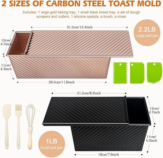 3Pack Pullman Loaf Pans with Lids – 2.2 LB & 1 LB & 1 LB Dough Capacity, Non-Stick Carbon Steel Bread Pans for Homemade Sandwich and Sourdough Bread, Corrugated Toast Mold