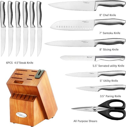 Marco Almond® Knife Block Set, KYA26 Knife Set with Block, 14 Pieces Stainless Steel Chef Kitchen Knives with Built-in Sharpener