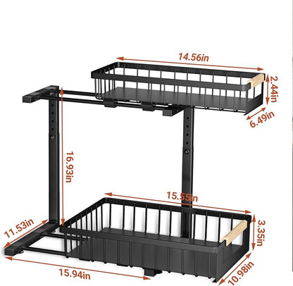 4 Pack L-Shape Under Sink Organizer, 2 Tier Pull Out Cabinet Organizer with 5-Level Adjustable Height, Double Sliding Metal Storage Rack for Kitchen Bathroom Pantry, Black