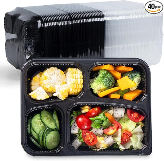 YANGRUI Meal Prep Containers 40 Pack 34 oz - Shrink-Wrapped No Pre-Wash | 4 Compartment Leak-Resistant Bento Box | BPA Free Shatterproof PP | Microwave Safe To-Go Food Storage for Leftovers & Parties