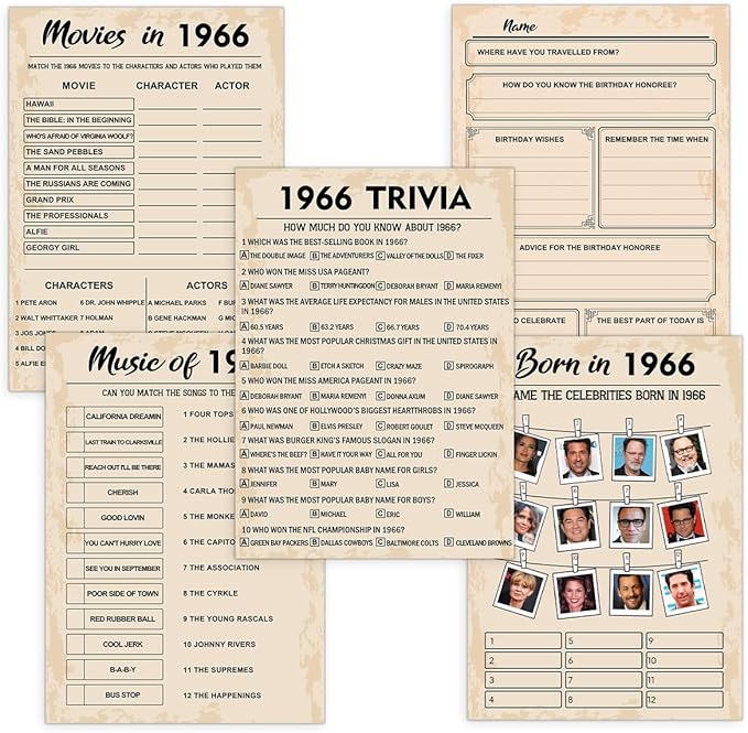 QUPT 60th Birthday Party Games, Born in 1966 Games Bundle, Set of 5 Activities for 10 Guests, Birthday Party Supplies for Adults, Pack of 50 Cards