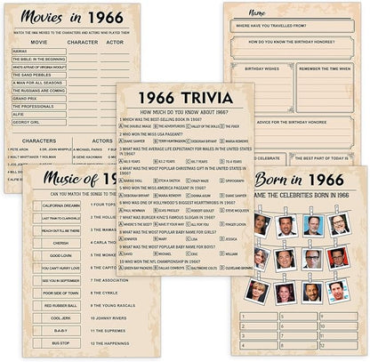 QUPT 60th Birthday Party Games, Born in 1966 Games Bundle, Set of 5 Activities for 10 Guests, Birthday Party Supplies for Adults, Pack of 50 Cards