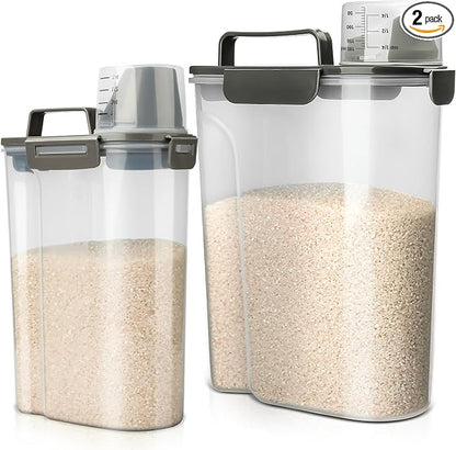 Viretec Rice Storage Container, 5 to 10lb Dry Food Airtight Dispenser, Pet Dog Cat Food Canister, BPA Free Clear Plastic Kitchen and Pantry Bin for Oatmeal, Cereal, Pasta, Flour Pack of 2 Grey