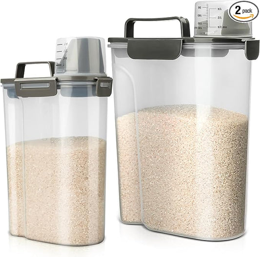 Viretec Rice Storage Container, 5 to 10lb Dry Food Airtight Dispenser, Pet Dog Cat Food Canister, BPA Free Clear Plastic Kitchen and Pantry Bin for Oatmeal, Cereal, Pasta, Flour Pack of 2 Grey