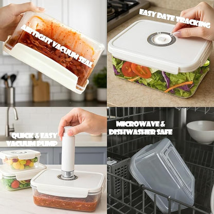 VICARKO 3-Piece Stackable Vacuum Food Storage Containers Set with Hand Pump, 17 oz/ 34 oz/ 68 oz, White, BPA-Free, Airtight, Leakproof, Date Tracker