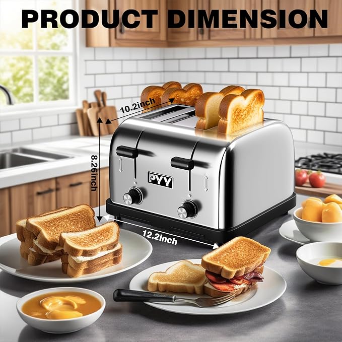 PYY Professional Commercial 4 Slice Toaster - 1800W Stainless Steel Heavy Duty Toaster, 6 Browning Levels, 1.57" Wide Slots, Removable Crumb Tray for Bagels Bread Waffles (Commercial & Home Use)