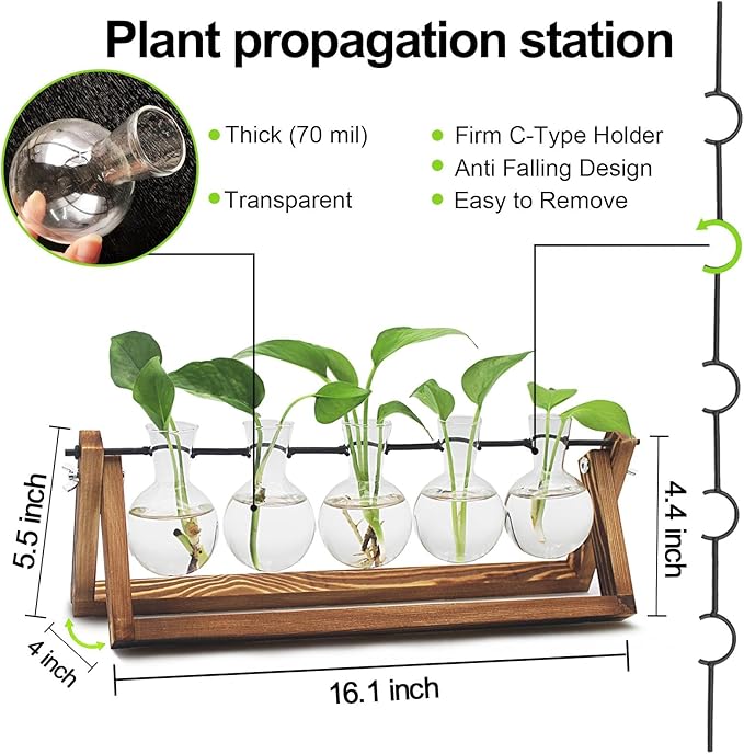 Renmxj Plant Propagation Stations with Wooden Stand & 5 Glass Bulb Vases | Plant Terrarium for Indoor Plants, Home Office Desk Decor, Gardening Gifts for Women Mom, Birthday Gifts for Plants Lovers