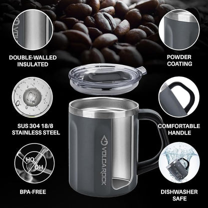 Stainless Steel Coffee Mug Cup with Handle, 16 oz Double Wall Vacuum Insulated Travel Mug Tumbler With Slider Lid, Insulated Camping Tea Flask for Hot & Cold Drinks (Grey)