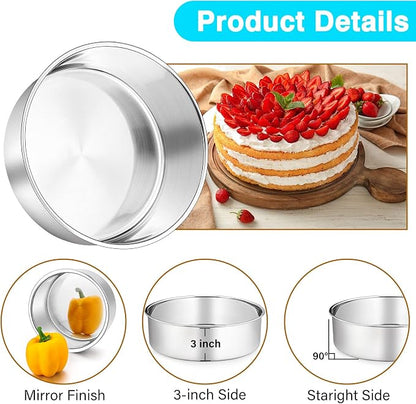 P&P CHEF 8 Inch Cake Pans Set, Round Baking Pan Stainless Steel Layer Birthday Wedding Cake Oven Pans, Non Toxic & Heavy Duty, Deep Side & Mirror Finish, Dishwasher Safe, (1Pc)
