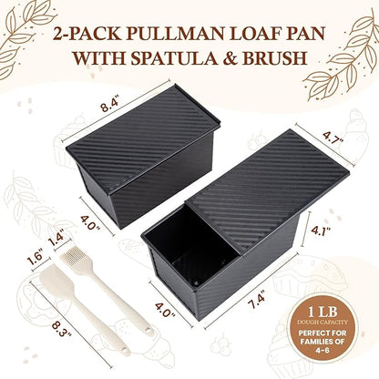 CARTMAN Bread Loaf Pan 2 Pack, 1 LB Pullman Loaf Pan with lid and a Silicone Spatula and Basting Pastry Brush, 1 LB Dough Capacity,Non-Stick Carbon Steel bread pans for homemade bread