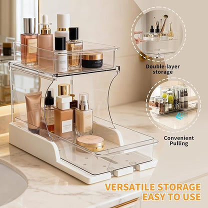 Jsyrjing Pull Out Spice Rack, 2 Tier Clear Cabinet Organizer for Kitchen and Bathroom Storage, Rotating Pantry Organizer and Makeup Organizer for Drawer, Durable Design, 2 Pack Under Sink Organizer