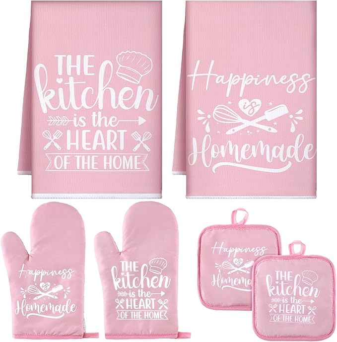 Sratte 6 Pcs Pink Kitchen Decor Accessories Set Cute Farmhouse Towels Pot Holders Oven Mitts Set 2 Dish Towels 2 Potholders 2 Cooking Mittens for Baking Cooking House Supply(Pink, Kitchen)