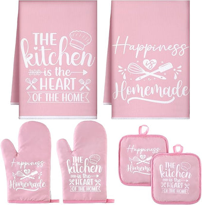 Sratte 6 Pcs Pink Kitchen Decor Accessories Set Cute Farmhouse Towels Pot Holders Oven Mitts Set 2 Dish Towels 2 Potholders 2 Cooking Mittens for Baking Cooking House Supply(Pink, Kitchen)