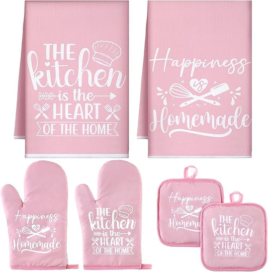 Sratte 6 Pcs Pink Kitchen Decor Accessories Set Cute Farmhouse Towels Pot Holders Oven Mitts Set 2 Dish Towels 2 Potholders 2 Cooking Mittens for Baking Cooking House Supply(Pink, Kitchen)