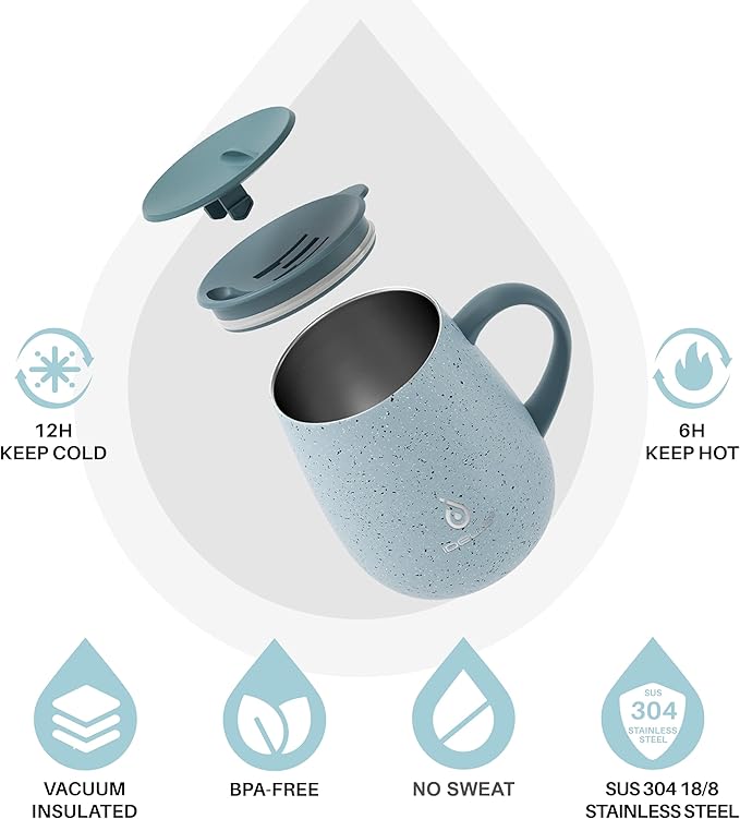 Ideus 16 oz Insulated Coffee Mug with Handle and Lid, Double Wall Stainless Steel Vacuum Thermal Coffee Mug, Travel Coffee Cup Thermal Cup for Home and Office, Eggshell Blue