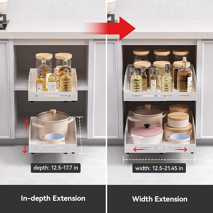 Pull out Cabinet Organizer Raised Side Walls for Safer Storage - Zero-Drill Installation, 4-Way Expansion, Modern Design for Kitchen & Pantry Depth (12.5"-17.7") & Width (12.5"-21.45")
