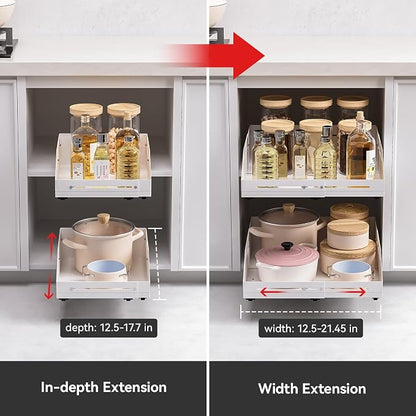 Pull out Cabinet Organizer Raised Side Walls for Safer Storage - Zero-Drill Installation, 4-Way Expansion, Modern Design for Kitchen & Pantry Depth (12.5"-17.7") & Width (12.5"-21.45")