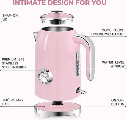 SUSTEAS Electric Kettle - 57oz Hot Tea Water Boiler with Thermometer, 1500W Fast Heating Stainless Steel Pot, Cordless LED Indicator, Auto Shut-Off & Boil Dry Protection, Pink
