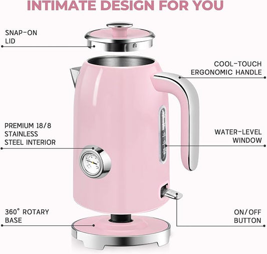SUSTEAS Electric Kettle - 57oz Hot Tea Water Boiler with Thermometer, 1500W Fast Heating Stainless Steel Pot, Cordless LED Indicator, Auto Shut-Off & Boil Dry Protection, Pink