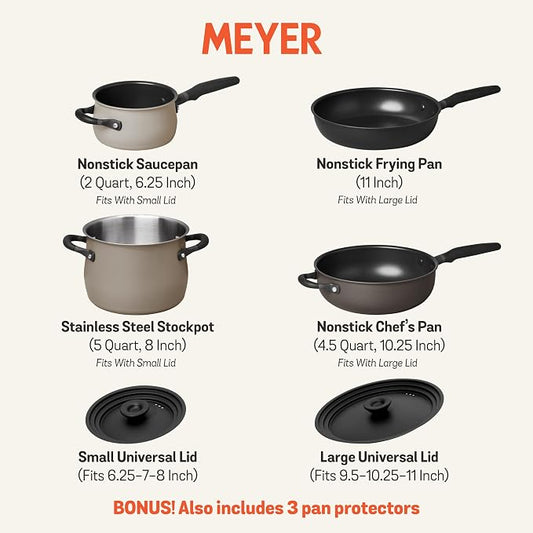 Meyer 6pc Stackable Set with Universal Lids | Hard Anodized Non Stick and Stainless Steel Pots and Pans | Induction Compatible | Dishwasher Safe | Oven Safe | Black & Gray | Accent Series Cookware