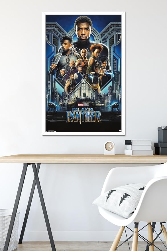Trends International Marvel Cinematic Universe - Black Panther - Group One Sheet Wall Poster, 22.375" x 34", White Framed Version
