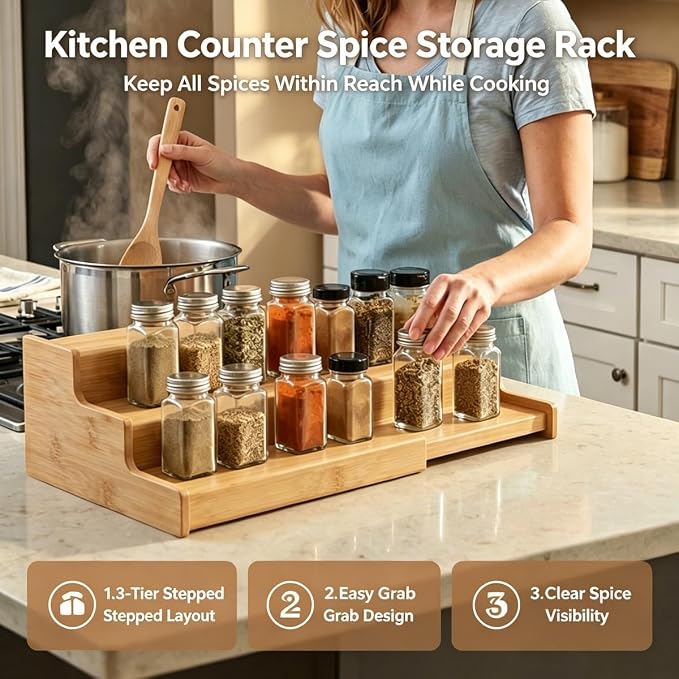 JinDoWin 2 Pack Bamboo Spice Organization for Cabinet, Cabinet Spice Organizer, 3-Tier Spice Rack Organizer for Cabinet, Kitchen Seasoning Organizer & Seasoning Rack