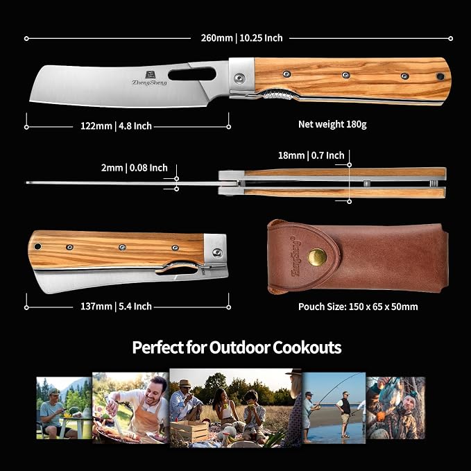 ZhengSheng Folding Chef Knife with Leather Pouch 4.8” Sharp 440A Stainless Steel Blade Olive Handle Pocket Foldable Japanese Style Kitchen Knife for Outdoor Camping BBQ trip Cooking.