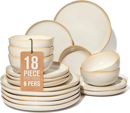 Pokini Plates and Bowls Sets for Family of 6, Ceramic Dinnerware Sets, Kitchen Dish Set, Microwave & Dishwasher Safe Dishware, Highly Durable Reactive Glazed Dinner Set, Yellow White