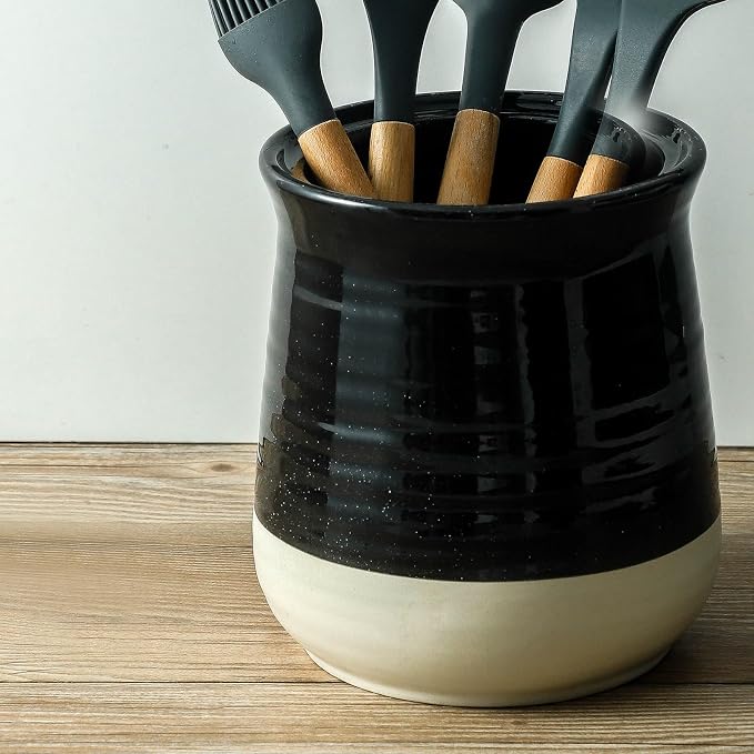 HASENSE Ceramic Utensil Holder for Countertop, 7.1" Large Kitchen Utensil Caddy for Kitchen Organizer, Glossy Black Cooking Utensil Holder to Hold Spatulas, Utensil Crock for Farmhouse Decor