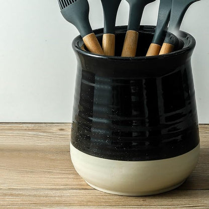 HASENSE Ceramic Utensil Holder for Countertop, 7.1" Large Kitchen Utensil Caddy for Kitchen Organizer, Glossy Black Cooking Utensil Holder to Hold Spatulas, Utensil Crock for Farmhouse Decor