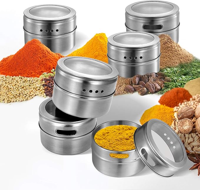Magnetic Spice Jars,12 Pcs Stainless Steel Spice Tins with Lid and Small Holes for Sprinkle Rust Free Easy to Clean Includes 94 Labeling Stickers