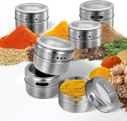 Magnetic Spice Jars,12 Pcs Stainless Steel Spice Tins with Lid and Small Holes for Sprinkle Rust Free Easy to Clean Includes 94 Labeling Stickers