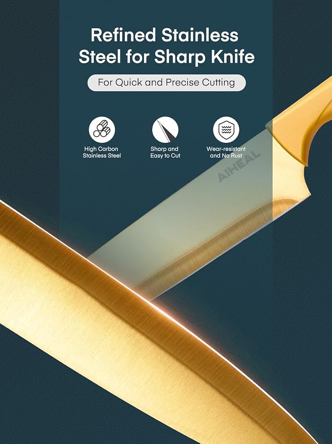 Aiheal Knife Set, 16 Pieces High Carbon Stainless Steel Golden Color Kitchen Knife Set, Titanium Coating Blade, No Rust and Super Sharp Cutlery with Acrylic Stand and Kitchen Scissors, Gift