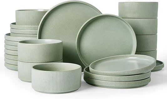 Famiware Star 24-Piece Reactive Glaze Plates and Bowls Sets, Service for 8 - Stoneware Dinnerware Set, High Edge Ribbed Dishes, Chip & Scratch Resistant, Microwave & Dishwasher Safe, Matte Sage Green