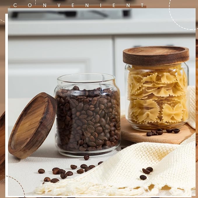 Irenare 24 Pack Glass Containers Canister Set, 17 oz Food Storage Spice Jars with Airtight Lids, Clear Kitchen Containers for Coffee Sugar Tea Beans Nuts Candy Pantry Organization (Wood)