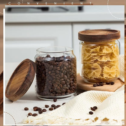 Irenare 8 Pack Glass Containers Canister Set, 17 oz Food Storage Spice Jars with Airtight Lids, Clear Kitchen Containers for Coffee Sugar Tea Beans Nuts Candy Pantry Organization (Wood)