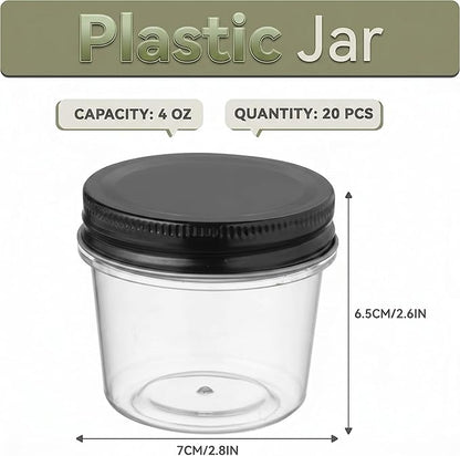 novelinks 4 oz Small Plastic Jars with Lids, 20 Pack Mini Plastic Mason Jars with Lids 4oz, Craft Storage Containers & Canning Jars & Small Spice Jars for Kitchen Organization (20 Pack,Black)