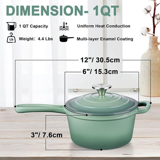 Enameled Cast Iron Sauce Pan with Lid, Leonyo 1 Quart Saucepan with Lid, Enamel Cast Iron Dutch Oven Kitchen Cookware for All Cooktops Cooking Soup, Milk - Up to 500°F & 4.4Lbs, Pistachio Green